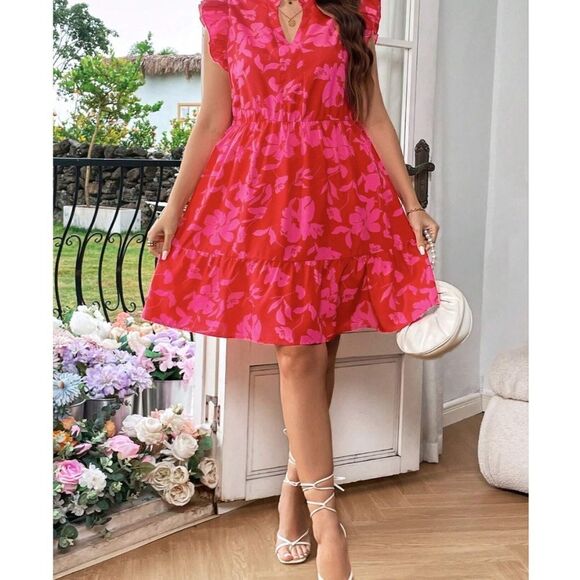 NEW SHEIN VCAY Plus Floral Print Notched Neck Ruffled Hem Sundress 18/3XL PINK - Picture 9 of 11